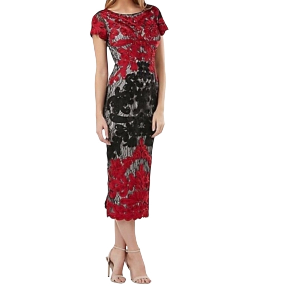 JS Collections Red & Black Lace Cocktail Dress Floral Embroidered Elegant Sz 4